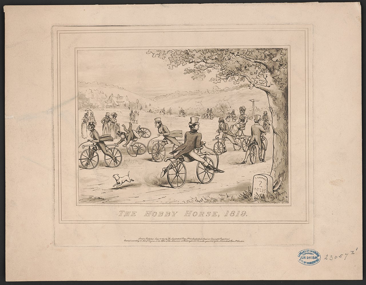 Period engraving of Karl von Drais's 1817 running machine, the draisine.