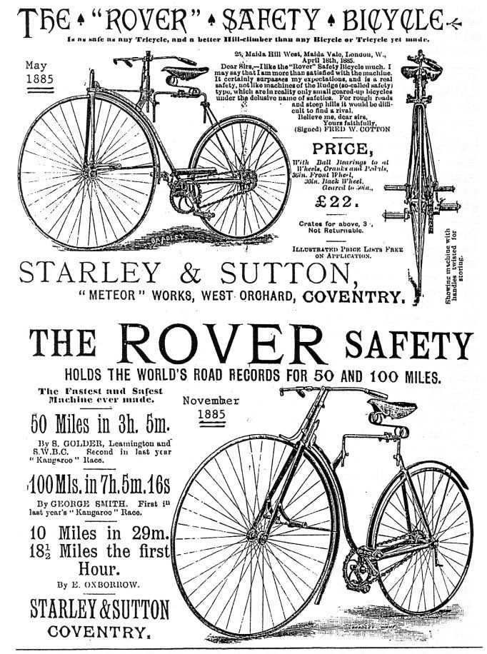 1885 Rover Safety Bicycle with two equal wheels and chain drive.